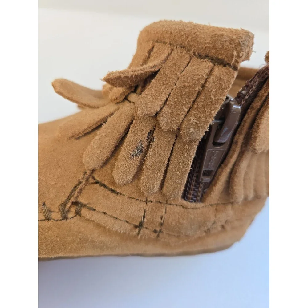 Minnetonka Kids Size 5 Double Fringe Moccasins Bootie Brown Leather Side Zipper